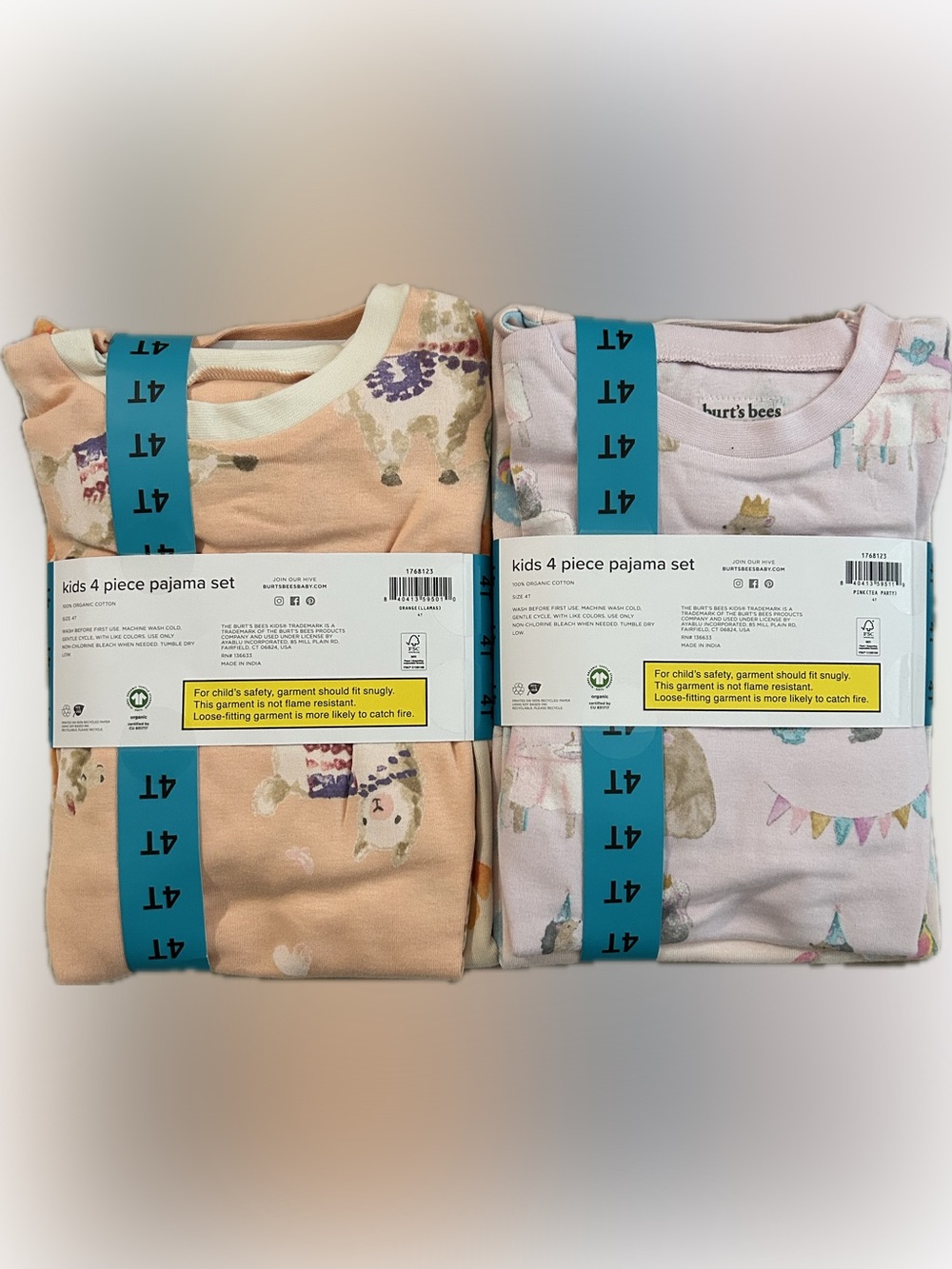 2 Burt's Bees Kids 4-Piece Pajama Sets - Light Pink, Peach, Sky Blue Organic 4T - Picture 2 of 6